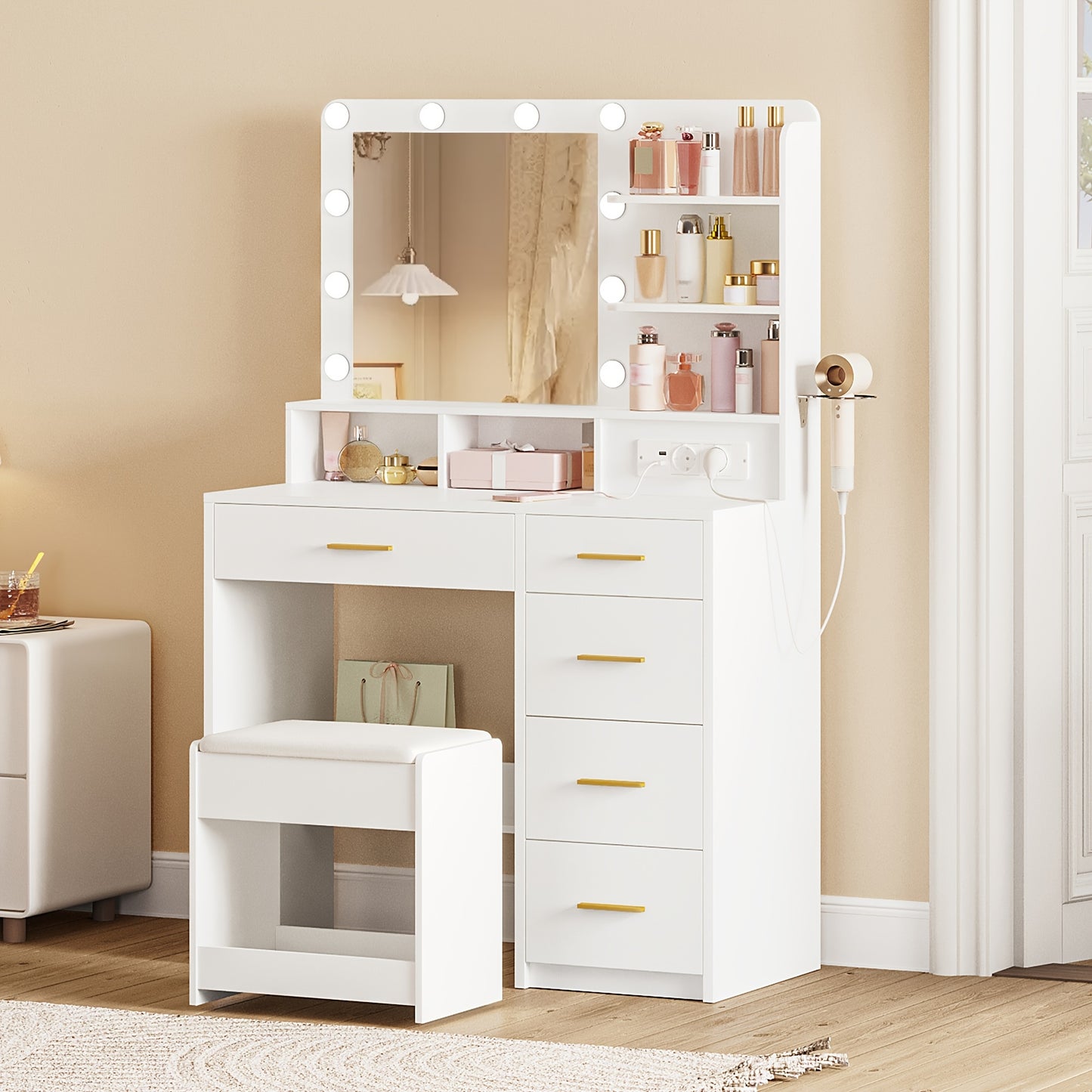 Kaptafel – Make-uptafel – Schminktisch – Dressing Table – Vanity Table – Wit – 3-in-1 LED-verlichting – Inclusief Kruk Met Opbergruimte