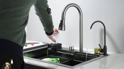 1 Set Built-in Waterfall Sink Single Bowl Kitchen Sinks, High-End Kitchen Deluxe Stainless Steel, Includes 3-In-1 Faucet, Cup Wash And Drain KitStainless Steel Bar Sink with Pull Down Sprayhead Faucet, Gun Gray Or Brushed Gol