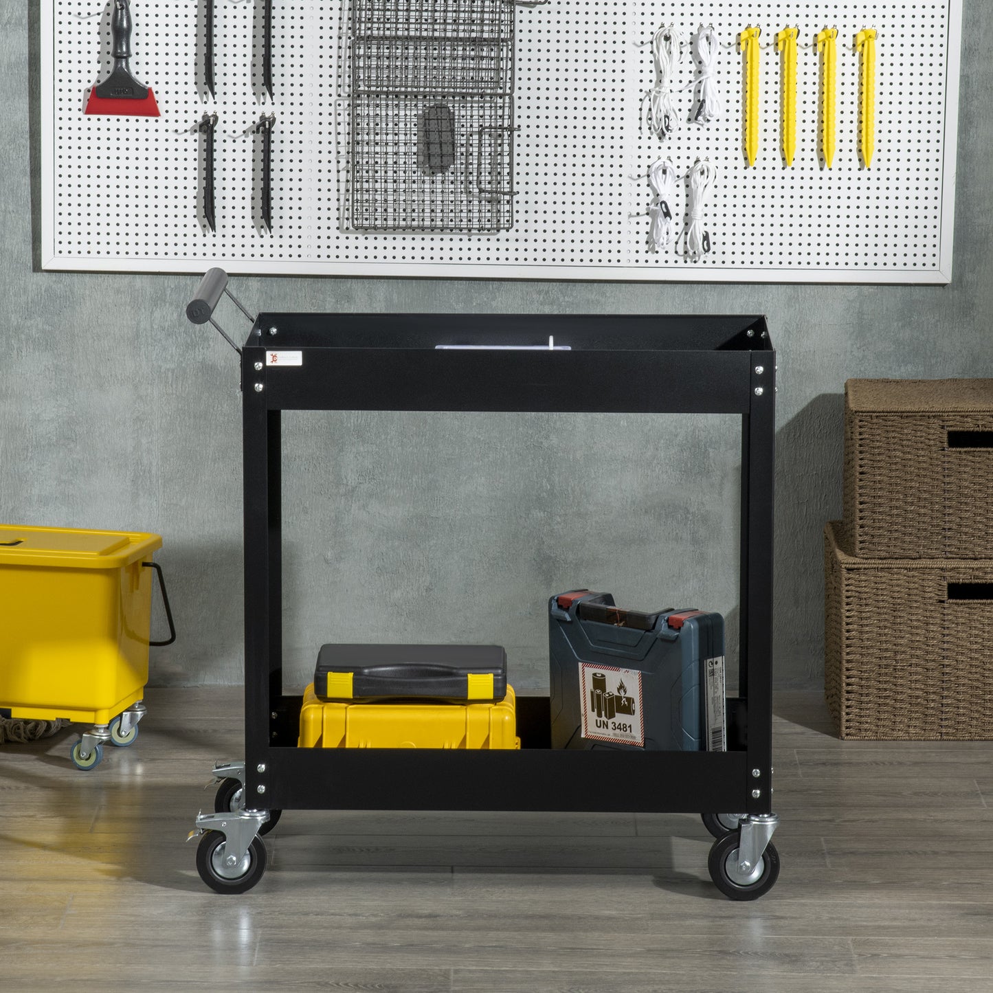 Werkplaatswagen – Gereedschapswagen – Werkplaatskar – Trolley – Opbergwagen – 2 Planken – Staal – Max. 150 kg – Zwenkwielen – Handgreep – Compact 84,5x38x84 cm – Zwart