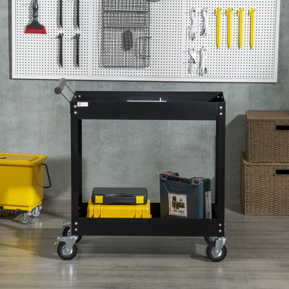 Werkplaatswagen – Gereedschapswagen – Werkplaatskar – Trolley – Opbergwagen – 2 Planken – Staal – Max. 150 kg – Zwenkwielen – Handgreep – Compact 84,5x38x84 cm – Zwart
