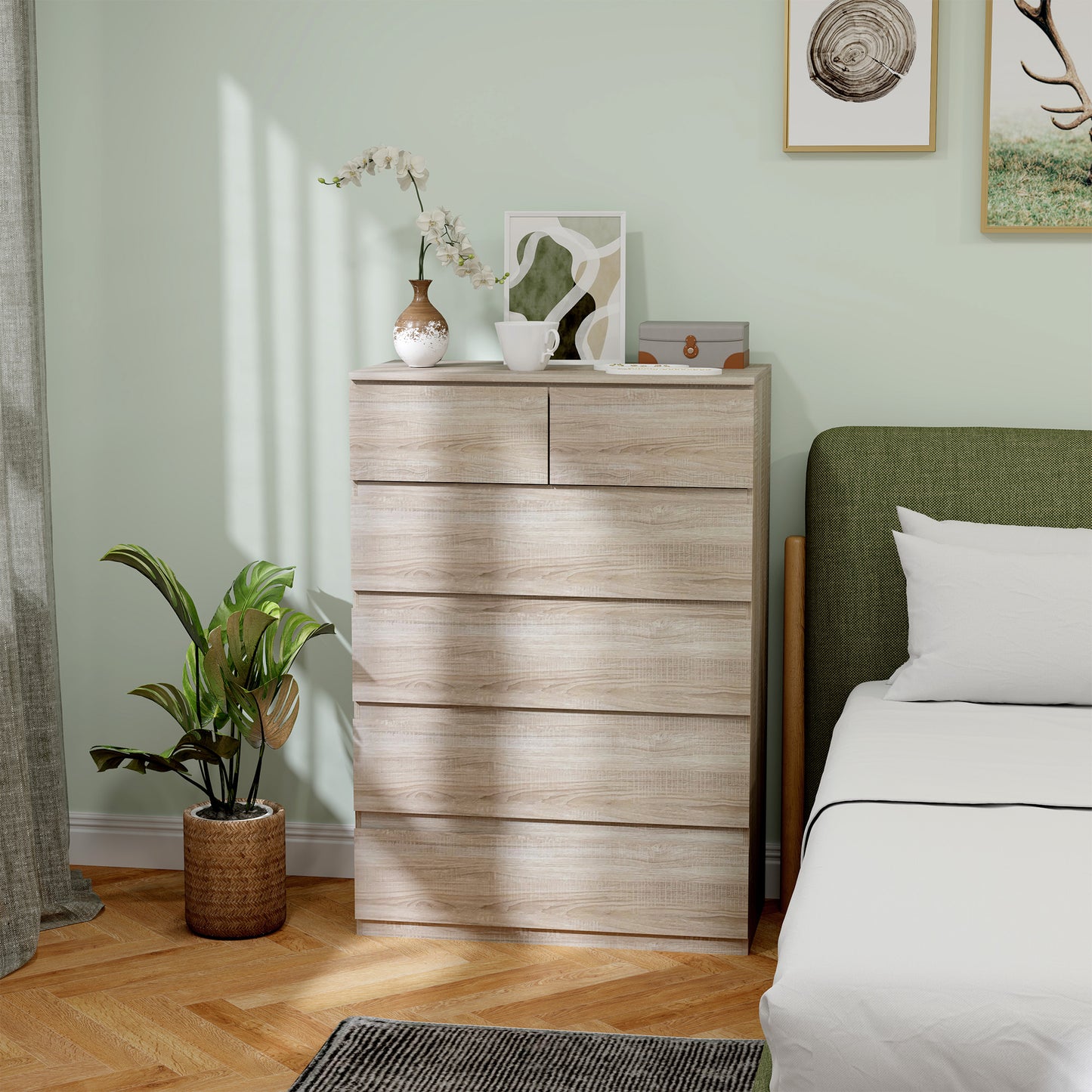 Commode – Ladekast – Dressoir – Kast – Opbergkast – Natuurlijk Hout – 6 Lades – Anti-Kantelbeveiliging – Strak Minimalistisch Design