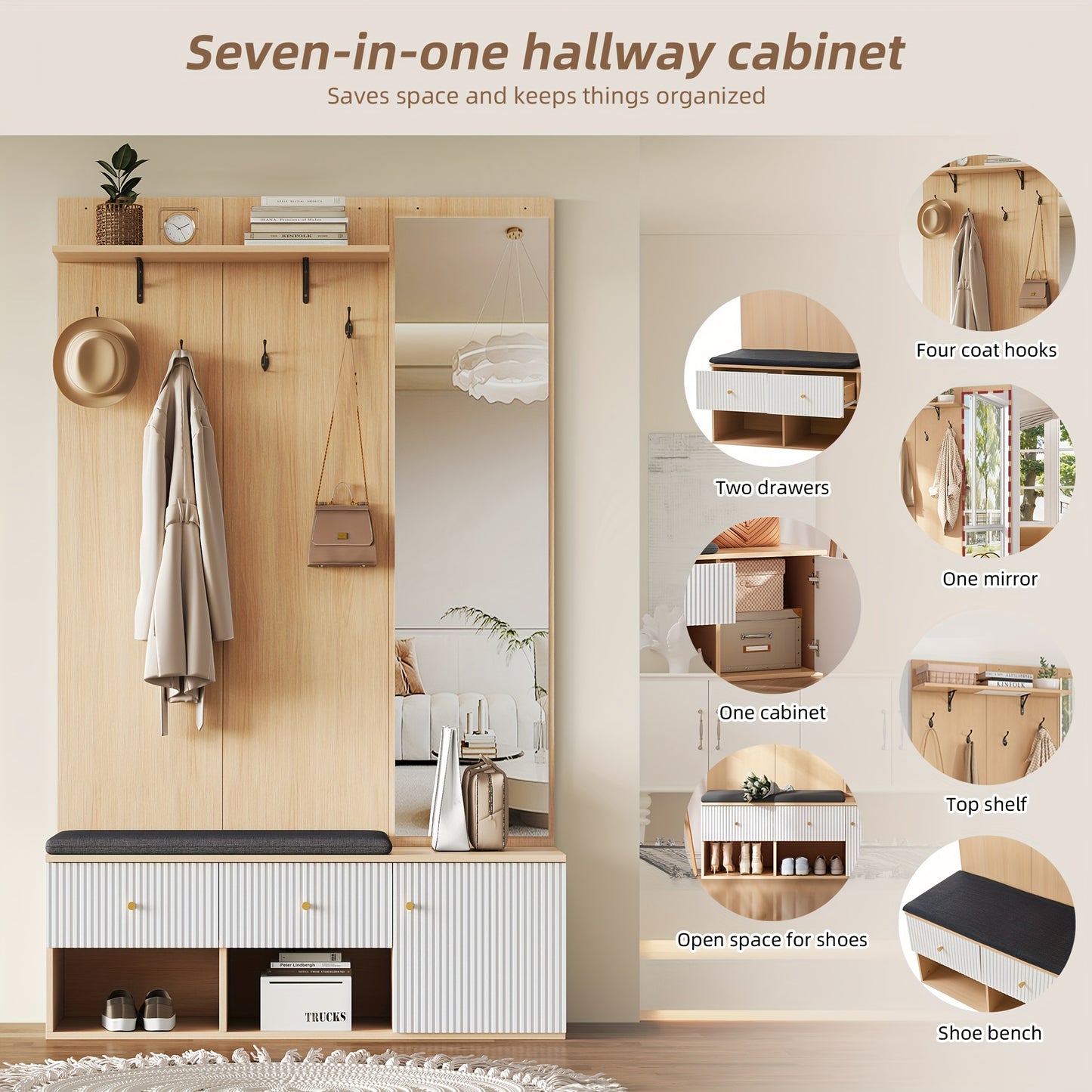 Kledingkast – Garderobekast – Opbergkast – Schoenenkast – Spiegelkast – Multifunctioneel ontwerp – Ruimtelijk en Modern – 120x40x200 cm – Houtkleur wit details