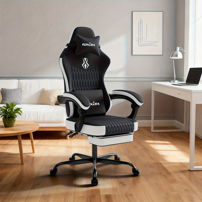Gamingstoel – Gamestoel – Gaming Chair – Game Stoel – Bureaustoel – Ergonomisch Design – Verstelbare Hoogte & Rugleuning – Voetsteun & Lendensteun – Zwart/Wit