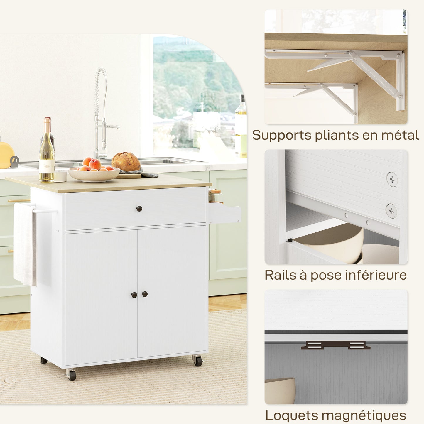 Keukentrolley – Serveerwagen – Keukenwagen – Keukenrek – Keukeneiland – Uitschuifbaar Werkblad – Verstelbare Plank – Wit – 106x42x87 cm