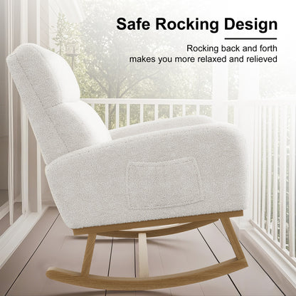 Schommelstoel – Schommelstoel met Wol – Loungestoel – Relaxstoel – Wit – Zachte Schapenwolvulling – Hoge Ergonomische Rugleuning