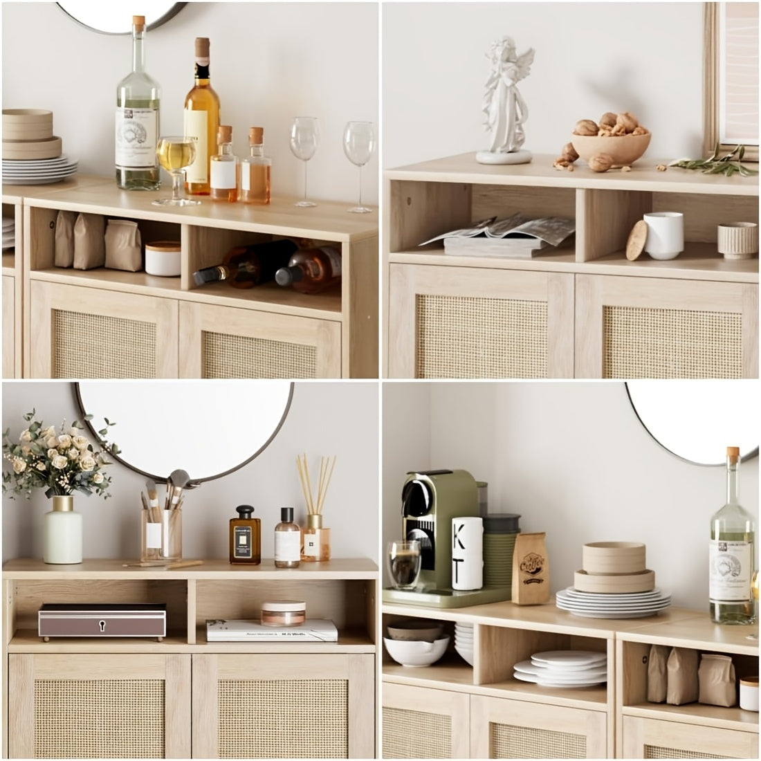 Rattan Sideboard – Buffetkast – Dressoir – Keukenkast – Opbergkast – Massief Hout & MDF – 3,2+ Kubieke Voet Opbergruimte – Freestanding 68,58 cm Hoog
