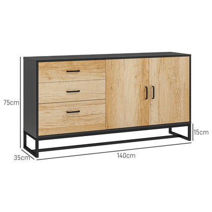Buffetkast – Dressoir – Opbergkast – Sideboard – Buffetmeubel – Met 3 Laden en Verstelbare Plank – Stalen Poten en Aluminium Handgrepen – Natuurlijke Houtlook – Afmeting 140x35x75 cm
