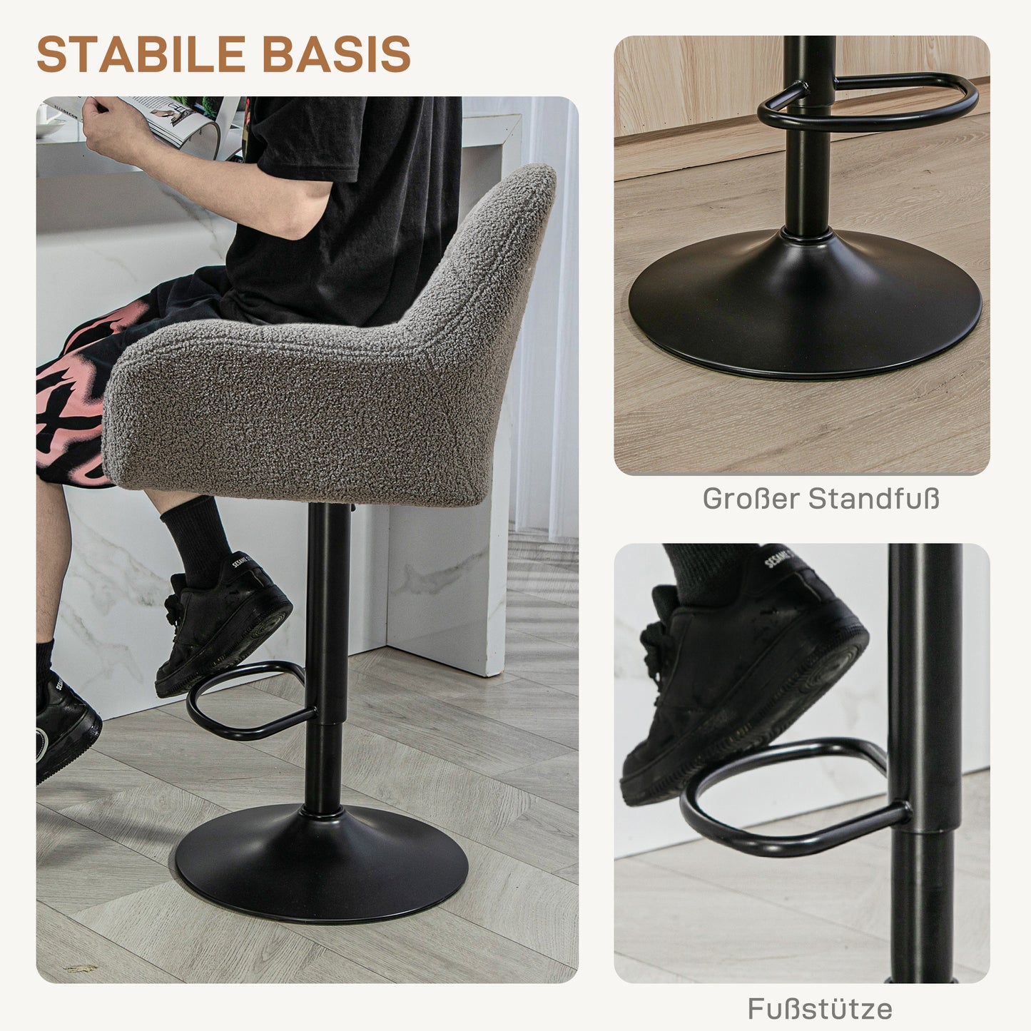 2-delige bartafelstoelenset – barkrukken – barstoelen – barkrukset – verstelbare barkruk – retro design – verstelbare zithoogte 62-85 cm – zachte fleece bekleding – grijs-zwart