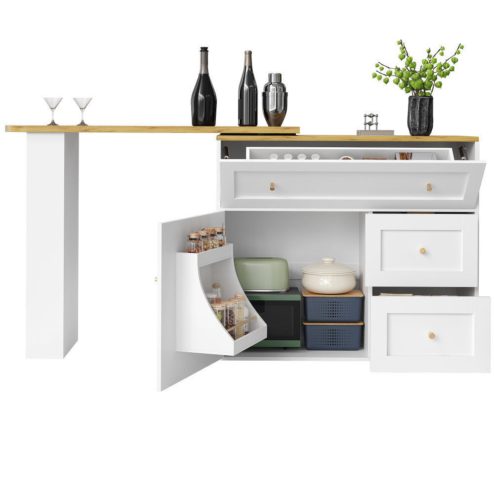Uitklapbare Bartafel – Bar Tafel – Statafel – Keukeneiland – Bistrotafel – Wit Met Metaal – Uitschuifbaar 138-204 cm – Met Opbergruimte En Snackrek