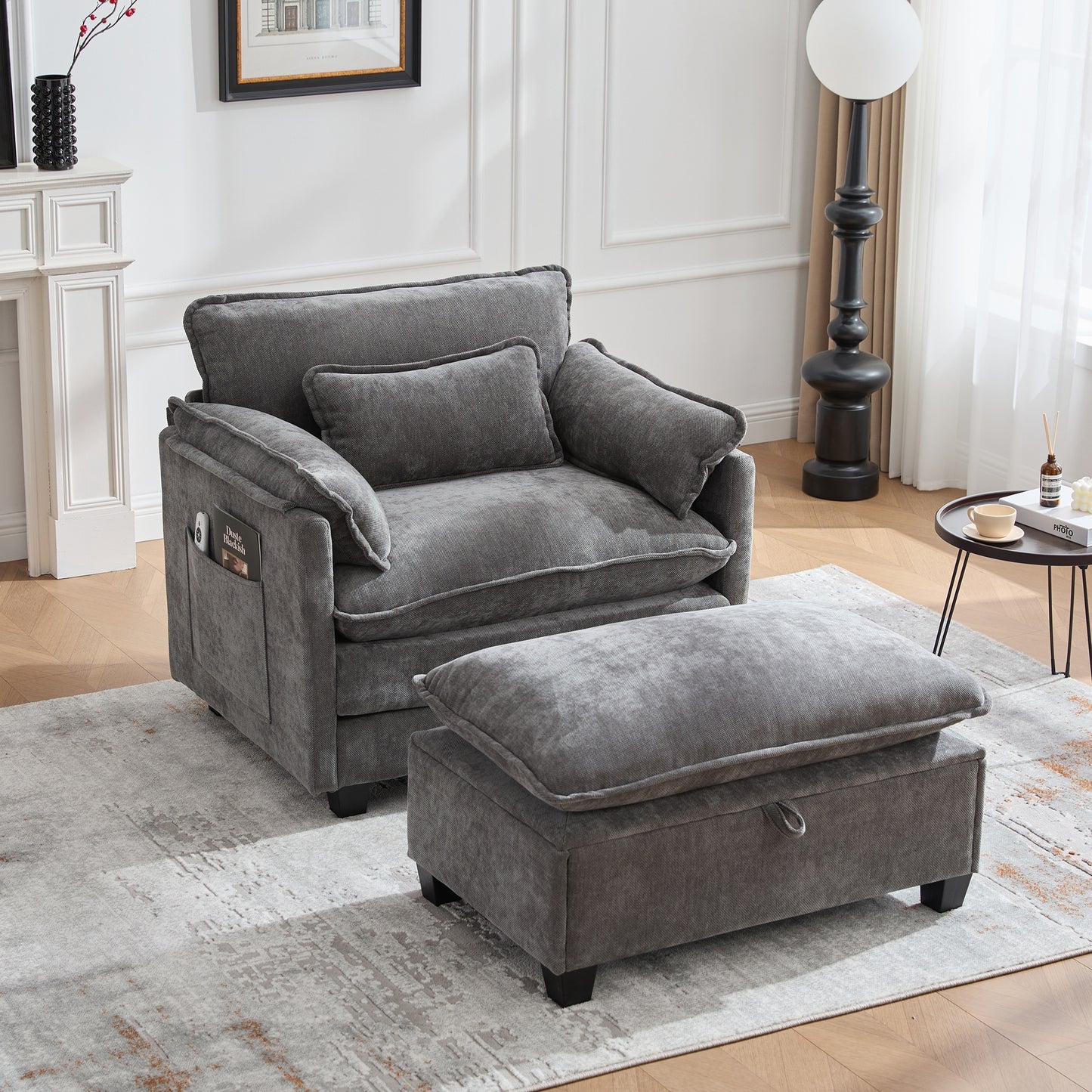 Extra Grote Relaxstoel – Loungestoel – Fauteuil – Zitzak – Relaxfauteuil – Premium Velvet – Inclusief Voetsteun & Poef – Handige Zijzakken – Grijs