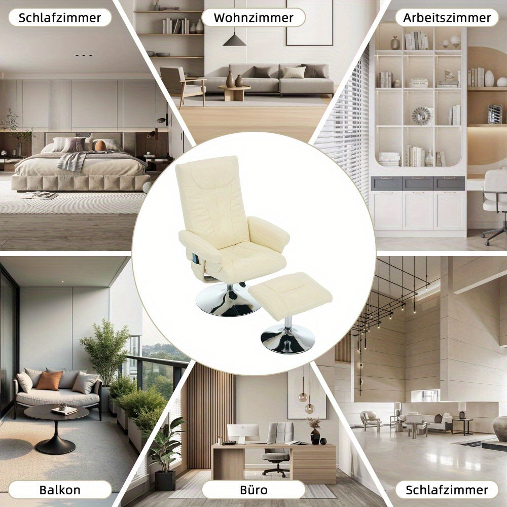 Modern Recliner Chair with 5-Point Massage, 360° Swivel & Footstool - Ergonomic Design, Beige PU Fabric, Adjustable Height, No Power Needed, Easy Assembly for Living Room, Office, or Home Theater, Office Relaxation, Contempo
