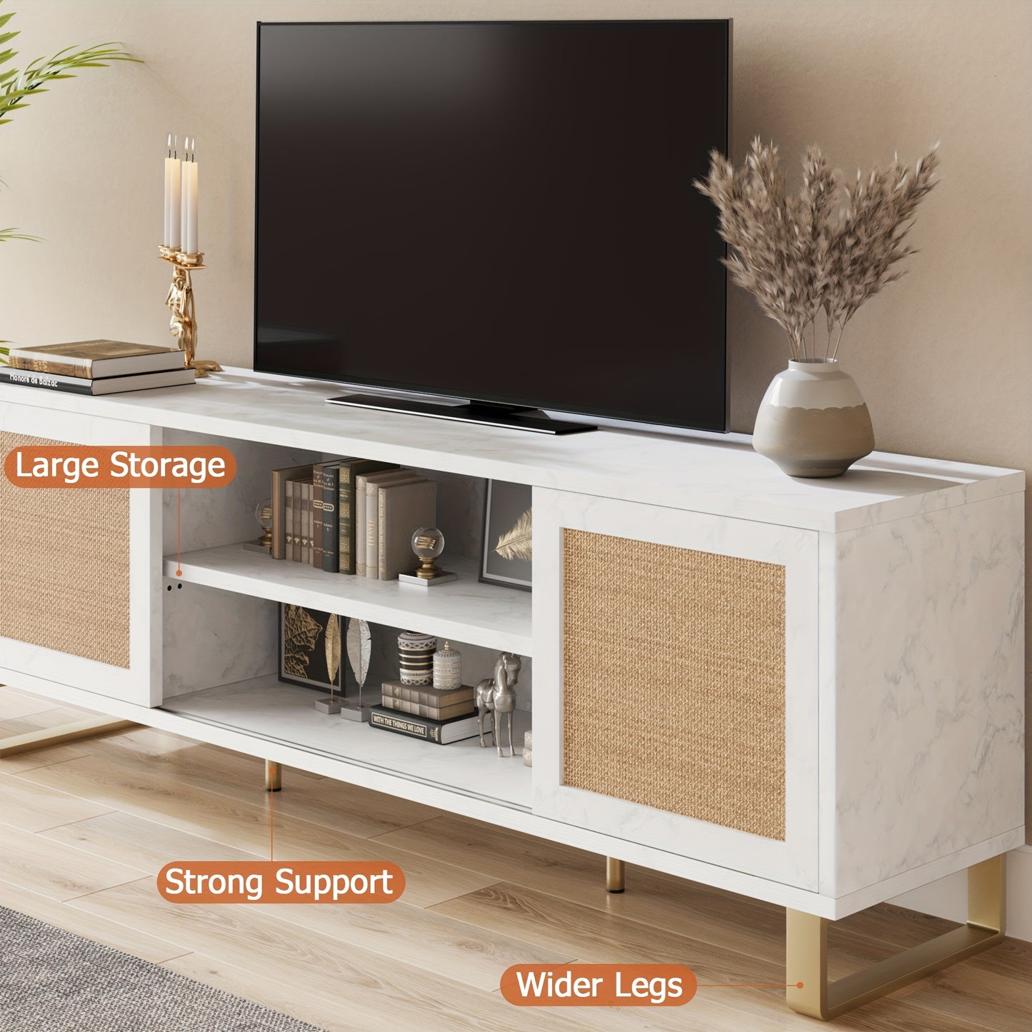 Tv Meubel – TV Kast – TV Meubelkast – TV Dressoir – Entertainment Center – Wit Met Rattan – Geschikt Voor TV Tot 165 cm – Verstelbare Planken