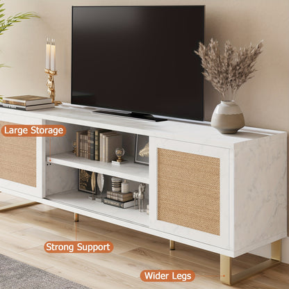 Tv Meubel – TV Kast – TV Meubelkast – TV Dressoir – Entertainment Center – Wit Met Rattan – Geschikt Voor TV Tot 165 cm – Verstelbare Planken