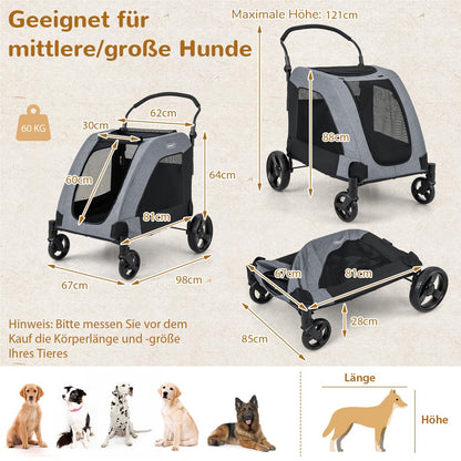 Hondenwagen – Hondenbuggy – Huisdier Trolley – Dierenwagen – Hondenwagen Opvouwbaar – Voor Middelgrote en Grote Honden – Met Mesh Ramen en Verstelbaar Handvat – Grijs