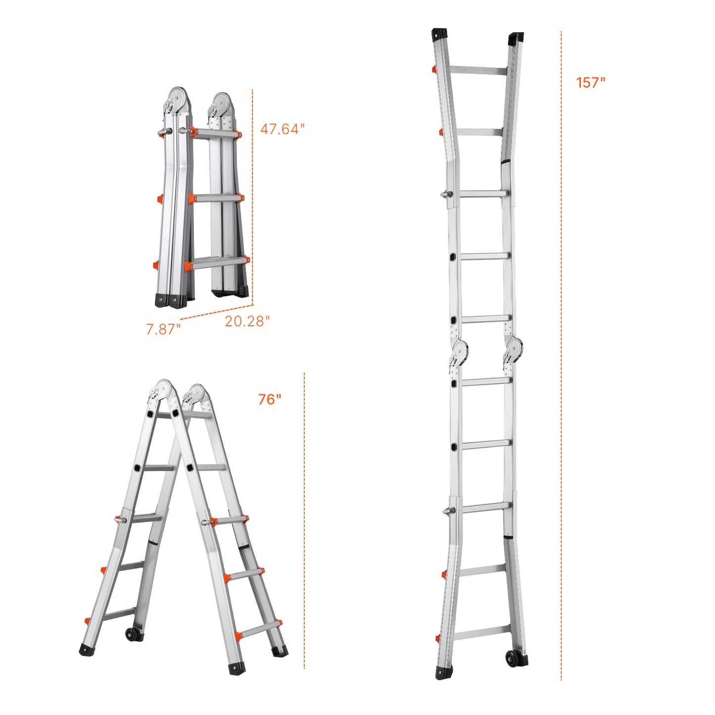 Telescopische A-frame Ladder – Uitschuifladder – Opklapbare Ladder – Multifuntionele Trap – Stevige Aluminium Ladder Zilver – Max Hoogte 2,88 Meter – Geïntegreerde Wieltjes Voor Eenvoudig Transport