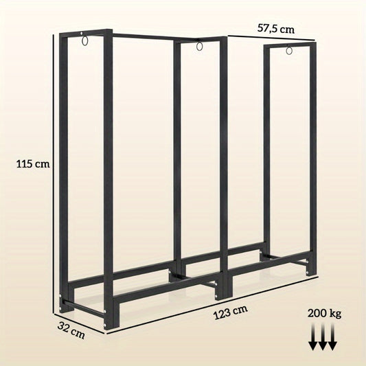 Vuurhoutrek – Houtopslag – Houtstapelrek – Houtdrager – Houtrek – Stalen Constructie – 200 kg Capaciteit – 2 Secties – Inclusief 3 Haken – Zwart – Binnen en Buiten