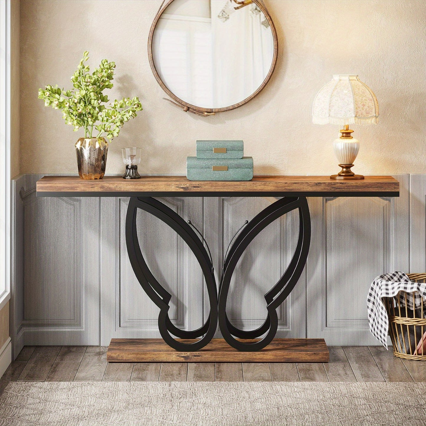 Farmhouse Sidetable – Console Table – Haltafel – Sofa Table – Gangtafel – 55 Inch – Robuust Metaal & Houten Blad – Extra Opbergruimte