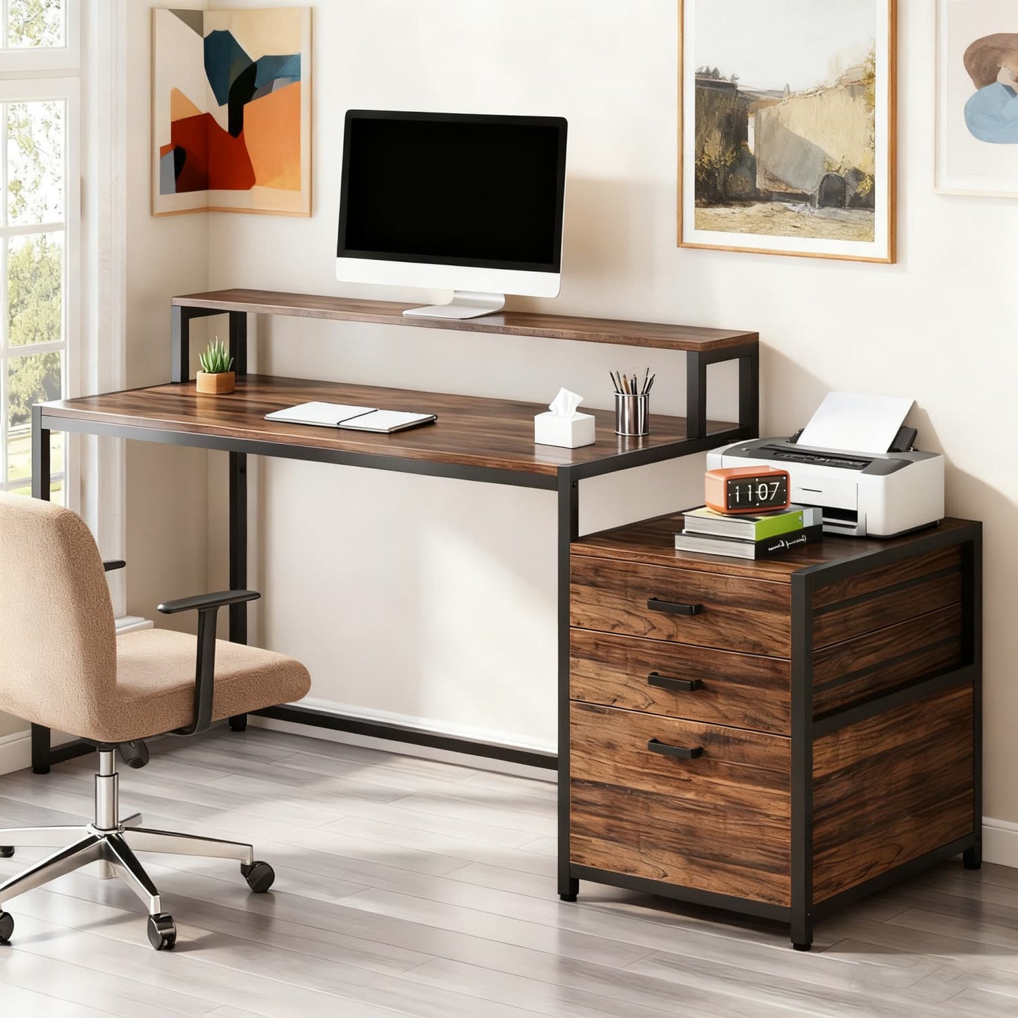 Ergonomisch Bureau – Computertafel – Werkplek Meubel – Bureau Met Opbergruimte – Vintage Bureau Rustiek Bruin – Verhoogde Monitorstandaard – Ruime Werkblad 114,3x50 cm