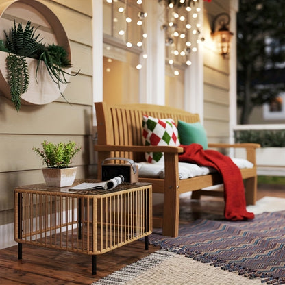 Bijzettafel – Tafeltje – Salontafel – Bijzettafeltje – Sidetable – Compact Vierkant Design – Glasblad & Weersbestendig Rattan – Lichtgewicht & Stevig