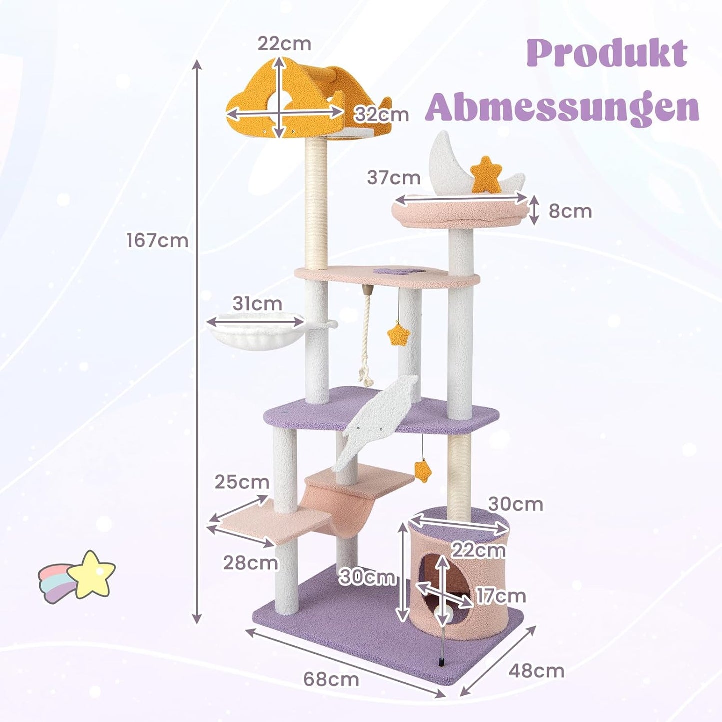 Kattentoren – Kattenmeubel – Krabpaal – Kattenboom – Krabmeubel – Multi-Level Speelparadijs – Natuurlijke Sisal Krabpalen – Comfortabele Hangmatten en Huisje – Paars-Roze
