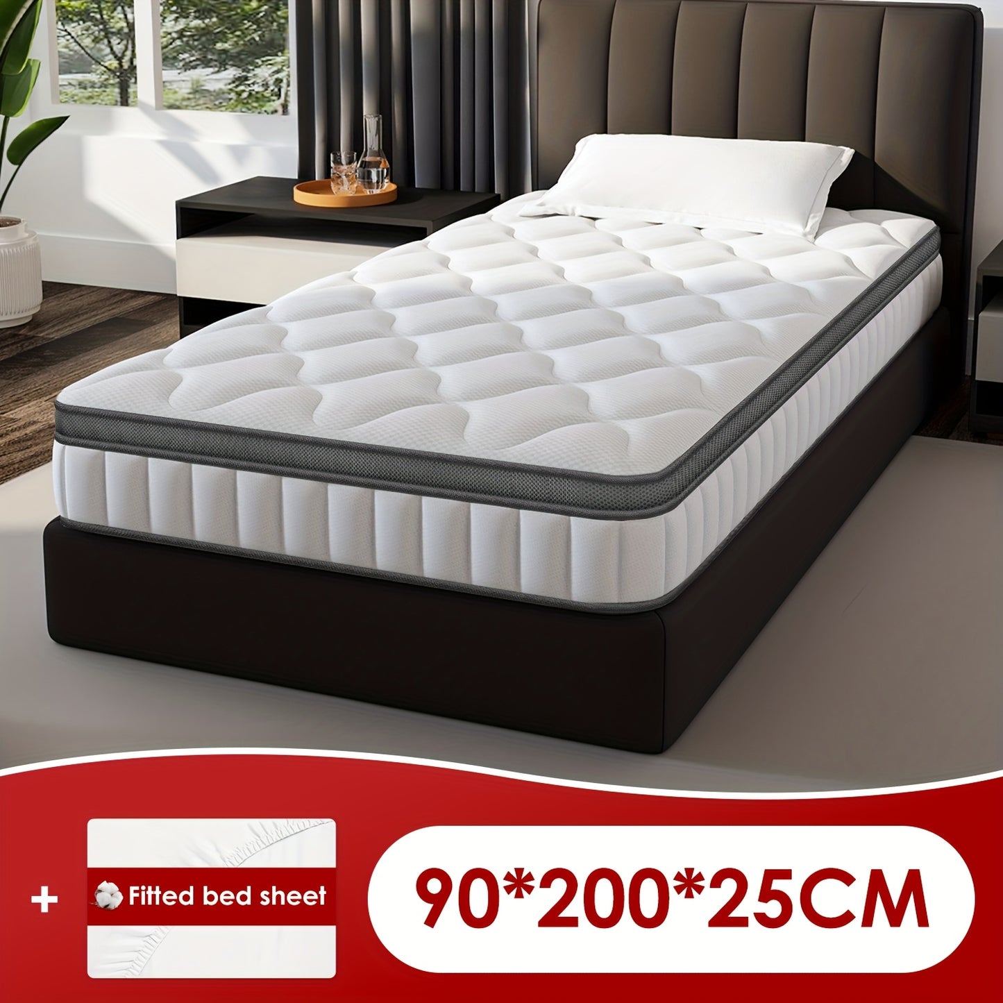 Gronfont Mattress 90x190 Cm, Height 25cm, Premium Pocket Spring Mattress, Ergonomic 7-zone Mattress, (breathable), Spring Mattress With Fitted Sheet, Firmness Level H3, Mattress For Adults