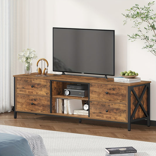 Tv Kast – Tv Meubel – Mediakast – Tv Dressoir – Tv Stand – Vintage Bruin-Zwart – 4 Laden – Open Vakken – Hout & Staal – 147x50x40 cm