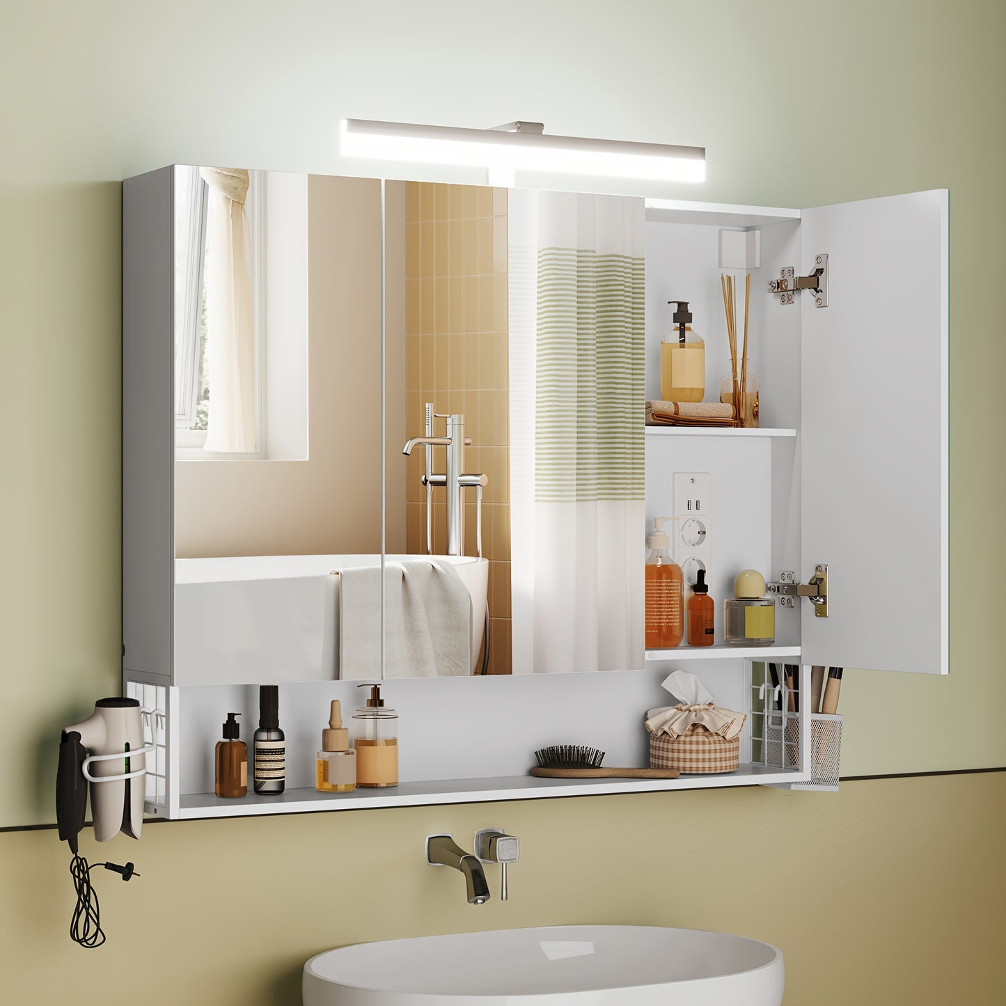 Badkamerkastje – Spiegelkast – Wandkast – Opbergkast – Badkamermeubel – Cloud White – 16,5 x 90 x 75 cm – Wandmontage – Drie Deuren Met Spiegel