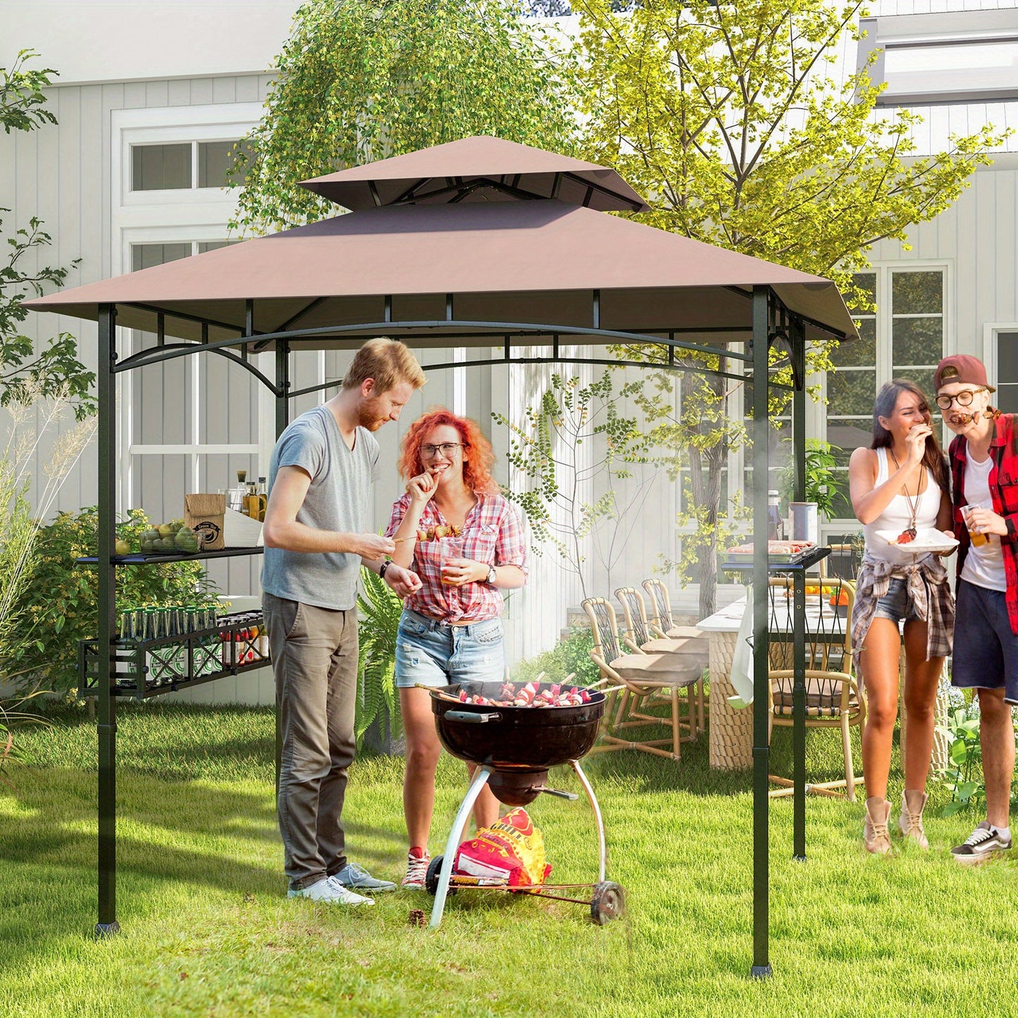 BBQ Grill Gazebo – Barbecue Overkapping – Grill Tent – Picknick Shelter – Buitenkeuken – Dubbel Dak – Vlamwerende Polyester Kap – Zwart-Grijs