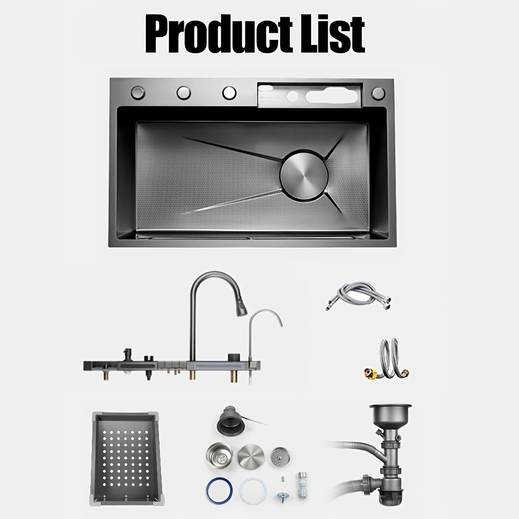 Deluxe Stainless Steel Kitchen Sink - Large Single Basin With Waterfall Feature, Thickened For Durability, Faucet Included - Modern Gunmetal Grey Design. Honeycomb Nano Protective Coating.