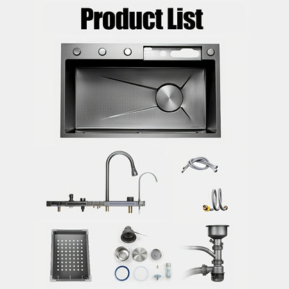 Deluxe Stainless Steel Kitchen Sink - Large Single Basin With Waterfall Feature, Thickened For Durability, Faucet Included - Modern Gunmetal Grey Design. Honeycomb Nano Protective Coating.