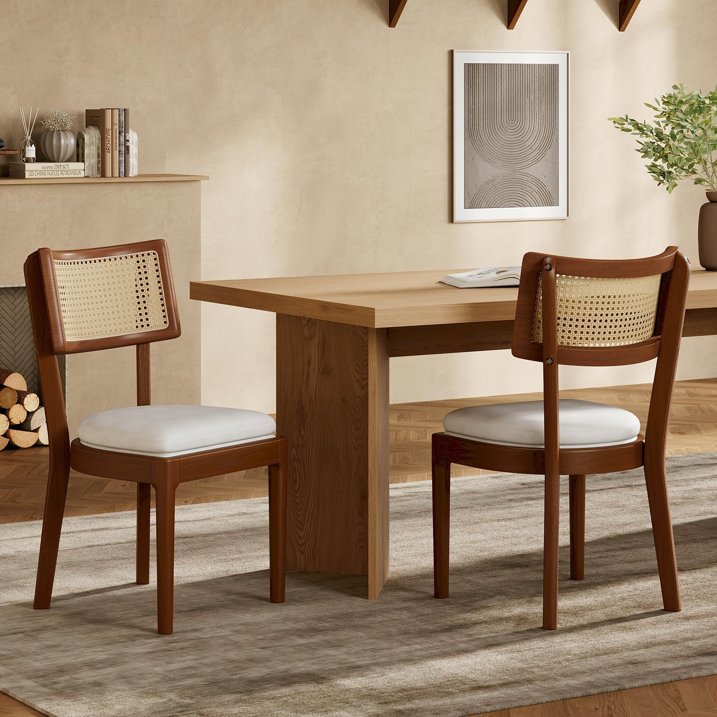Eetkamerstoelen – Stoelen – Zitstoelen – Rattan Stoelen – Linnen Stoelen – Set van 2 – Gevlochten Rattan Rugleuning – Ademend en Comfortabel – Champagne Kleur
