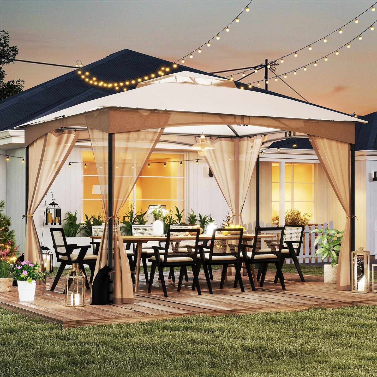 Paviljoen – Tuinpaviljoen – Partytent – Overkapping – Tuintent – 3 x 3,6 meter – Waterdicht en Winterbestendig – Inclusief 4 Muggenhorren en Zandzakken – Dubbel Dak – Khaki