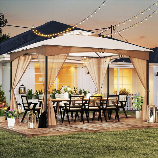 Paviljoen – Tuinpaviljoen – Partytent – Overkapping – Tuintent – 3 x 3,6 meter – Waterdicht en Winterbestendig – Inclusief 4 Muggenhorren en Zandzakken – Dubbel Dak – Khaki