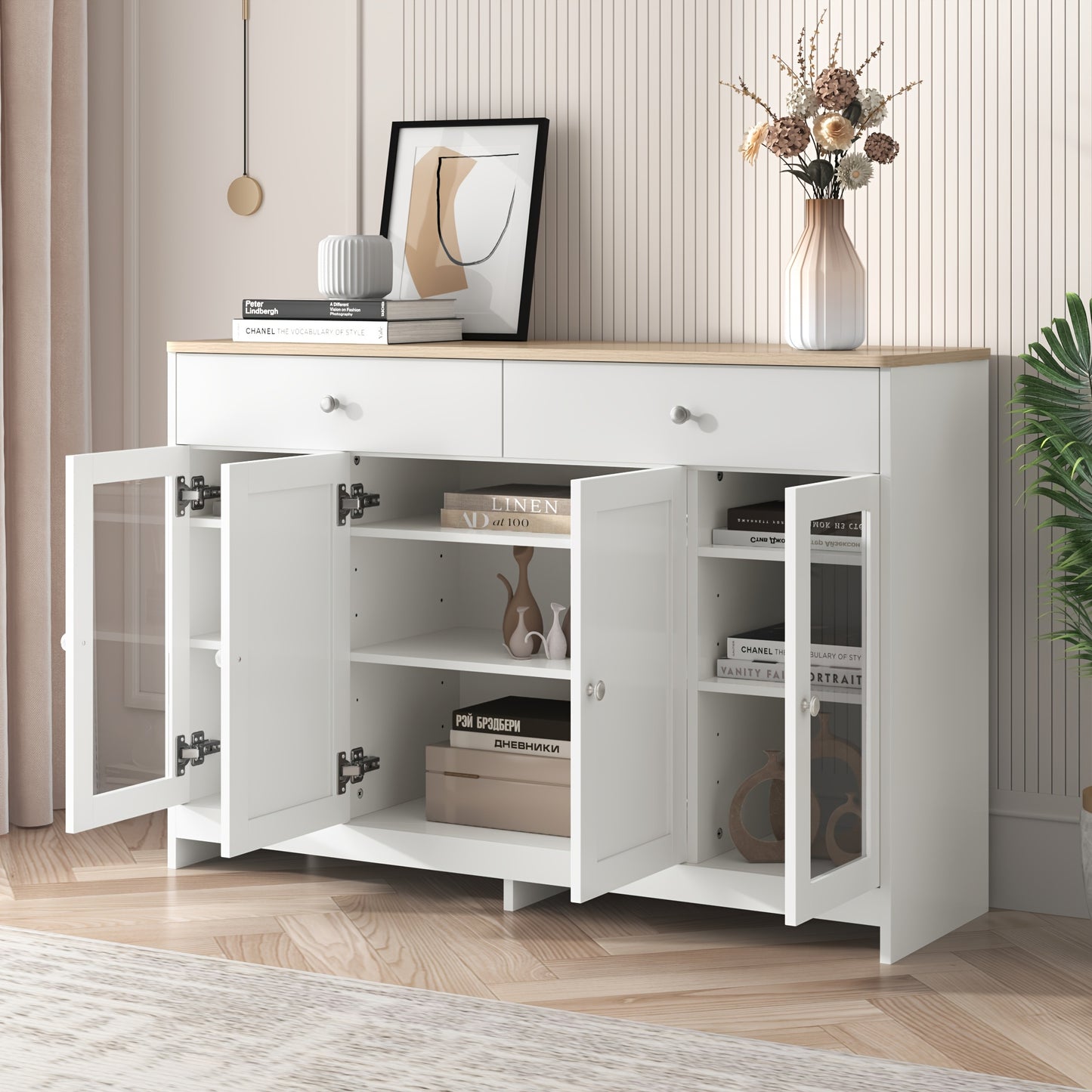 Dressoir – Sideboard – Opbergkast – Kast – Commode – Wit Houtnerf – Glasdeuren & Lades – MDF & Hardhout – Vrijstaand