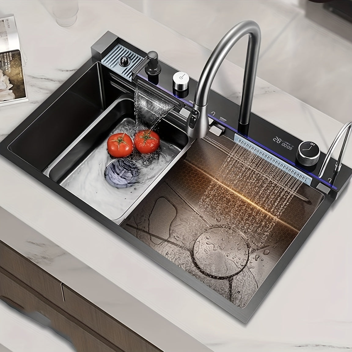 Enkele Keukenspoelbak – Spoelbak – Keukensink – Werkstation Spoelbak – Onderbouw Spoelbak – 680x450 mm – 4 mm Roestvrij Staal – Waterval Afvoer – Rechtszijdige Afvoer