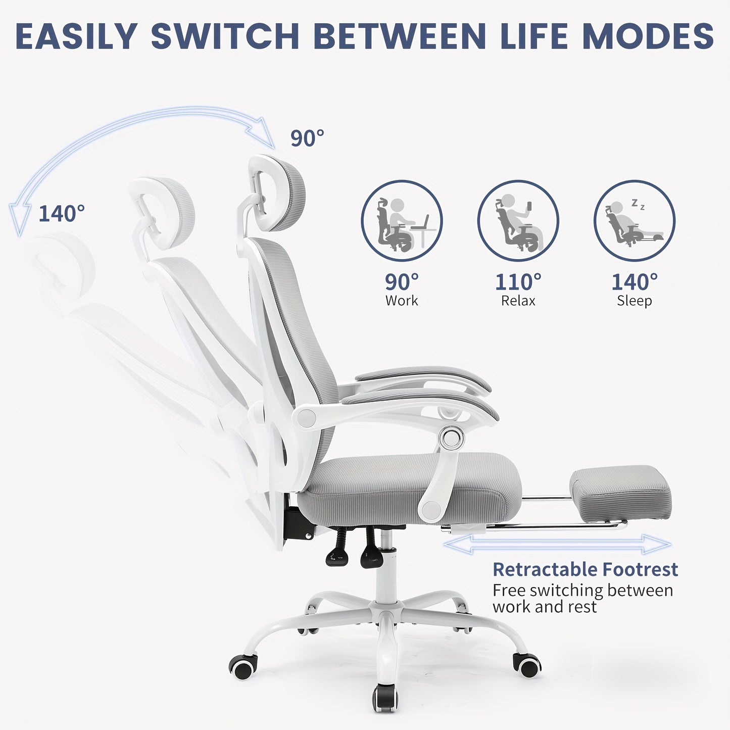 Ergonomische Bureaustoel – Bureaustoel Met Voetensteun – Kantoorstoel – Comfortabele Werkstoel – Gamestoel – Verstelbare Lendensteun – Ademend Mesh – 360° Draaibaar Met Metalen Frame – Grijs