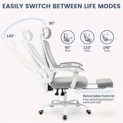 Ergonomische Bureaustoel – Bureaustoel Met Voetensteun – Kantoorstoel – Comfortabele Werkstoel – Gamestoel – Verstelbare Lendensteun – Ademend Mesh – 360° Draaibaar Met Metalen Frame – Grijs