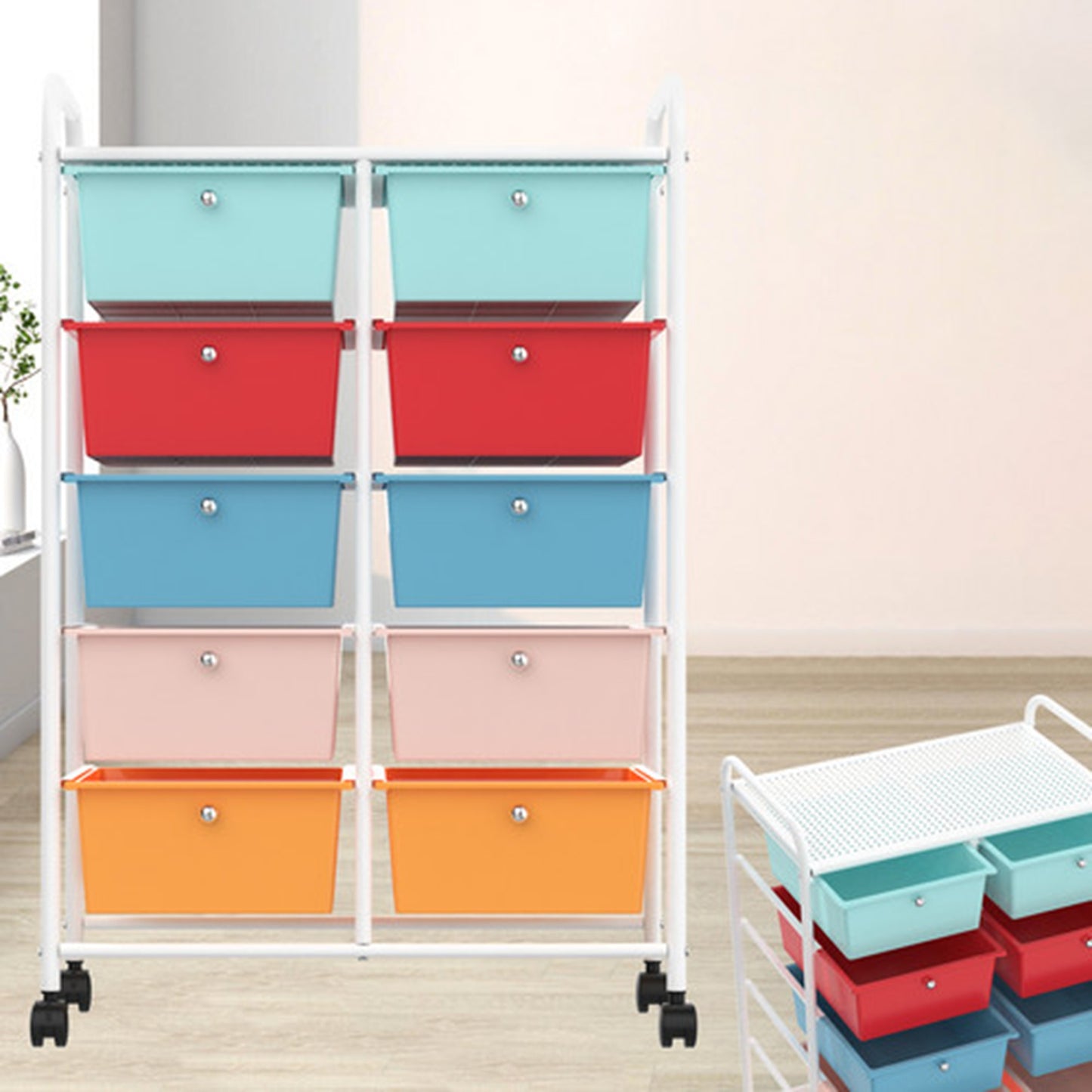 Make-up Trolley – Make-up Koffer – Beautykoffer – Cosmeticakoffer – Opbergtrolley – 10 Lades – Wieltjes – Compact Formaat – Wit Metalen Frame