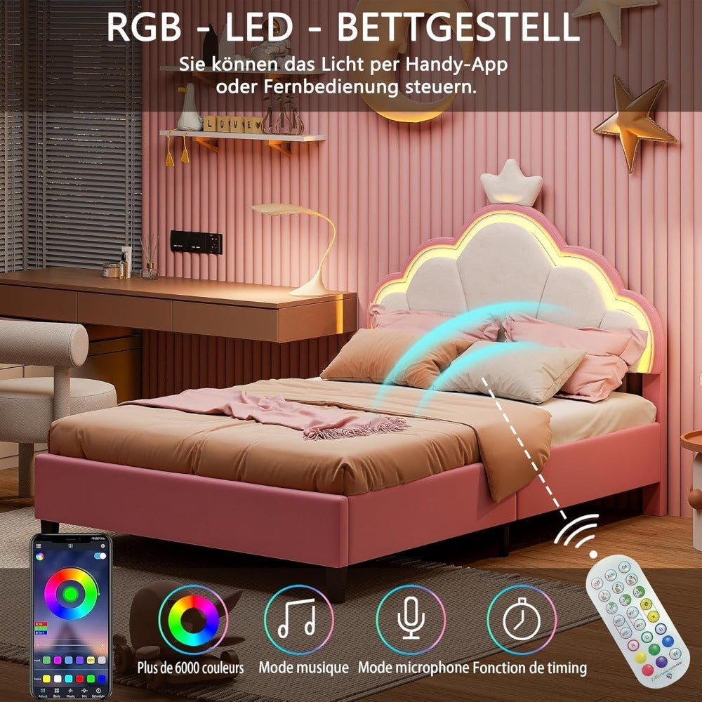 Led Bed – Eenpersoonsbed – Bedframe – Slaapbank – Lattenbodem – 140x200 cm – Verstelbaar Hoofdeinde – Ingebouwde RGB LED-verlichting