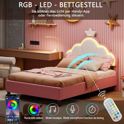Led Bed – Eenpersoonsbed – Bedframe – Slaapbank – Lattenbodem – 140x200 cm – Verstelbaar Hoofdeinde – Ingebouwde RGB LED-verlichting