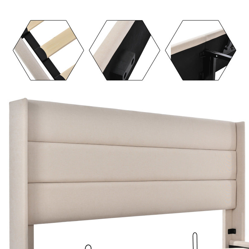 140x200cm Upholstered Hydraulic Storage Bed with Slatted Frame - Modern Retro Double Bed with Metal Frame & Beige Linen Fabric, Space-Saving Design, 181.44KG Weight Capacity, Easy-Clean Surface, No Box Spring Needed, Assembly