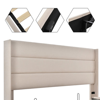 140x200cm Upholstered Hydraulic Storage Bed with Slatted Frame - Modern Retro Double Bed with Metal Frame & Beige Linen Fabric, Space-Saving Design, 181.44KG Weight Capacity, Easy-Clean Surface, No Box Spring Needed, Assembly