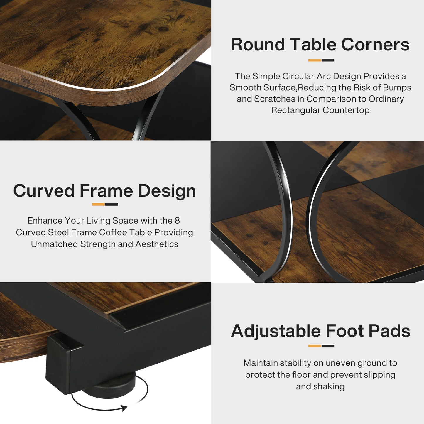 Salontafel – Woonkamertafel – Koffietafel – Bijzettafel – Salon tafel – Vierkant – Twee Verdiepingen – Metalen Frame – Donkerbruin Houten Tafelblad – Ruime Opbergruimte – Modern Landelijk Design