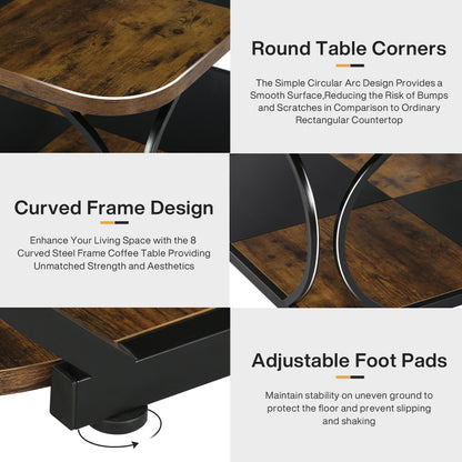 Salontafel – Woonkamertafel – Koffietafel – Bijzettafel – Salon tafel – Vierkant – Twee Verdiepingen – Metalen Frame – Donkerbruin Houten Tafelblad – Ruime Opbergruimte – Modern Landelijk Design