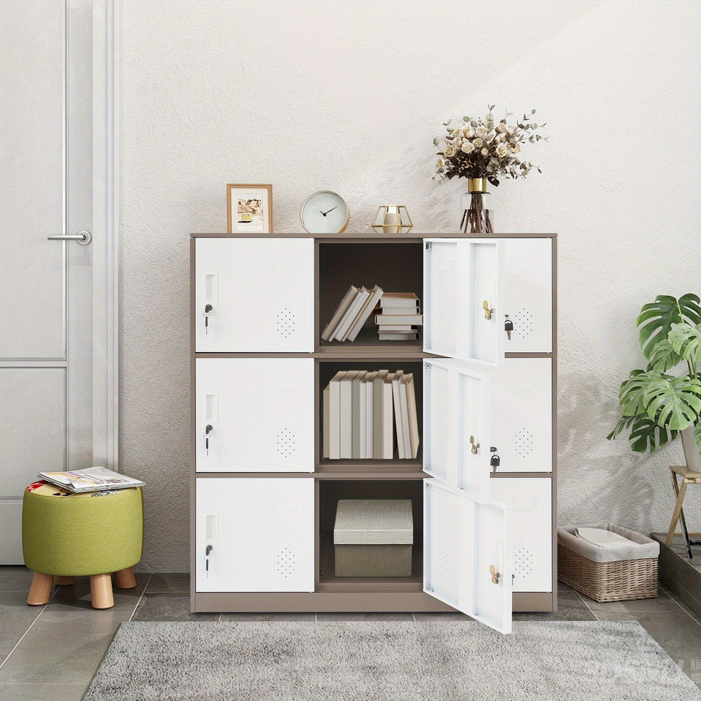 9-Door Heavy-Duty Lockable Metal Storage Cabinet with Card Slots & Key Lock - Modern Floor-Standing Office Cabinet with 9 Individual Compartments, 74.84KG/Shelf Capacity, Easy Assembly for Home Office, School, Business - Cont