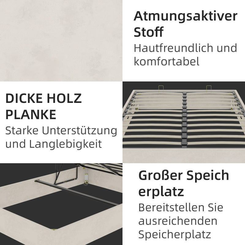 Bedframe – Bedombouw – Slaapbank – Platformbed – Ledikant – Modern Minimalistisch – Beige Velvet Bekleding – Gaslift Opbergruimte