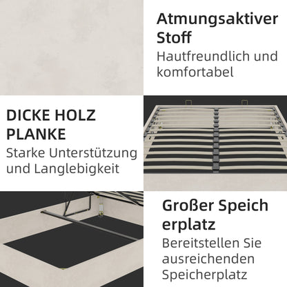 Bedframe – Bedombouw – Slaapbank – Platformbed – Ledikant – Modern Minimalistisch – Beige Velvet Bekleding – Gaslift Opbergruimte