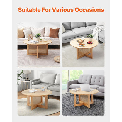 Rattan Salontafel – Rotan Tafel – Koffietafel – Woonkamertafel – Bohemian Tafel – Handgemaakt PE Rattan Onderstel – Rubbenhouten Tafelblad 83 cm