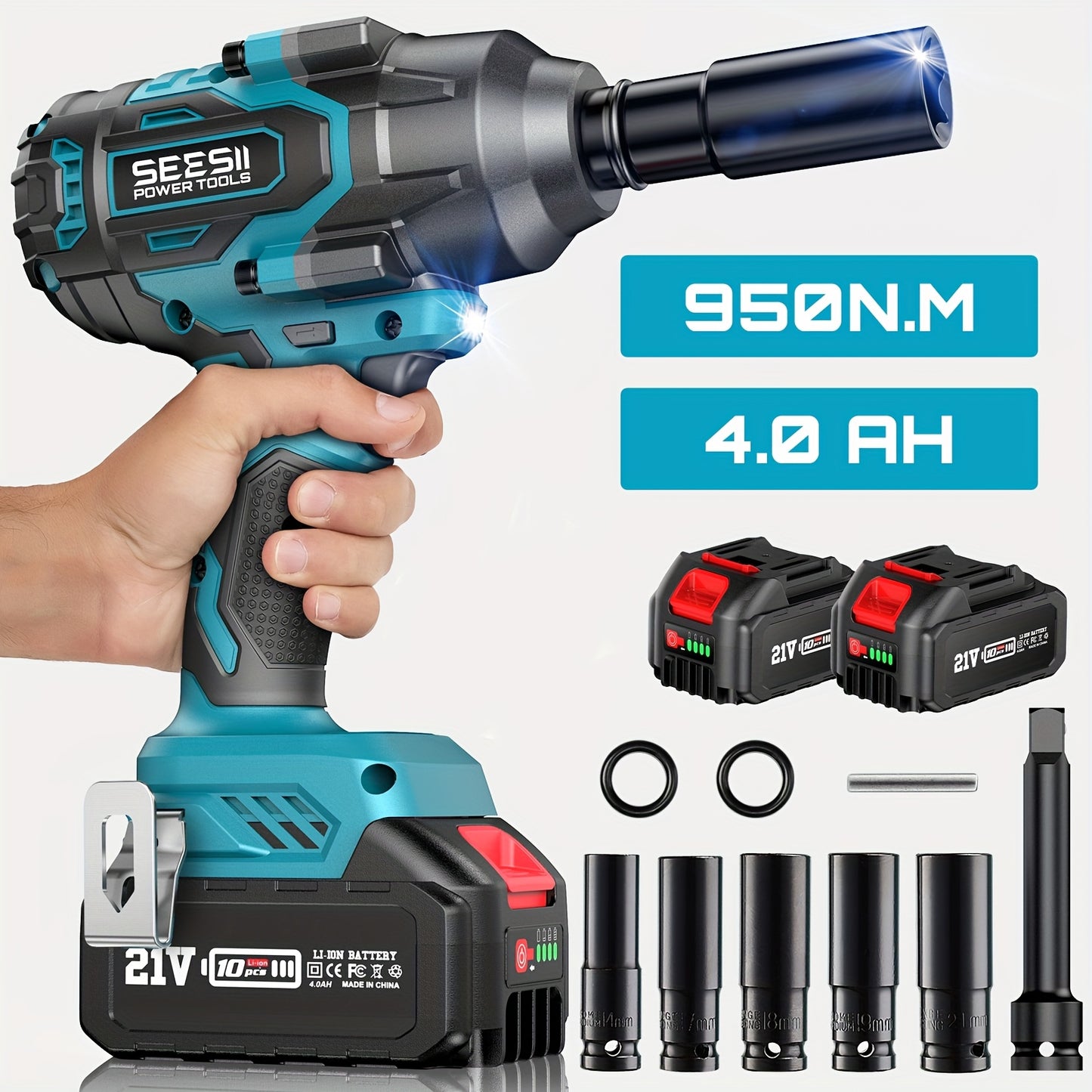 Draadloze Slagschroevendraaier – Accu Slagschroefmachine – Impact Wrench – Accu Moersleutel – Elektrische Slagsleutel – 950 Nm Koppel – Brushless Motor – 2 x 4,0 Ah Batterijen – Snellader – 5 Dopmaten