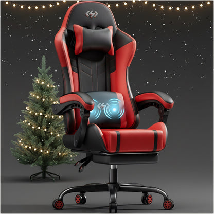 Gamingstoel – Gamestoel – Gaming Chair – Bureaustoel – Game Stoel – Ergonomisch Design – Massage Lendensteun – Hoogwaardig Geheugenfoam – Verstelbare Rugleuning – Draagvermogen 130 kg – Wit/Rood